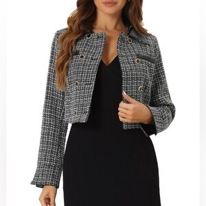 Tweed Plaid Blazer for Contrast Collar Double Breasted Vintage Cropped Jackets